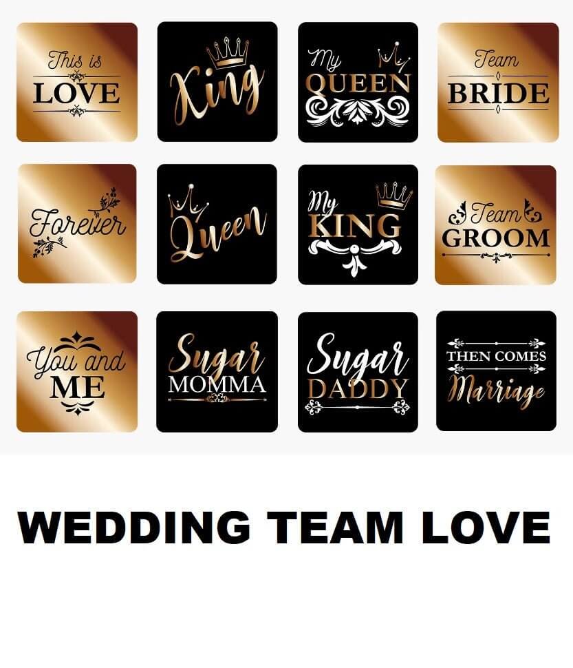 Collage of wedding-themed designs including titles like Bride, King, Queen, and Sugar Daddy with Wedding Team Love text.