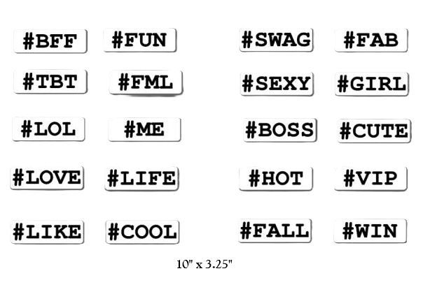 Hashtag complete 10 piece collection photo booth props featuring 20 elegant hashtags for parties.