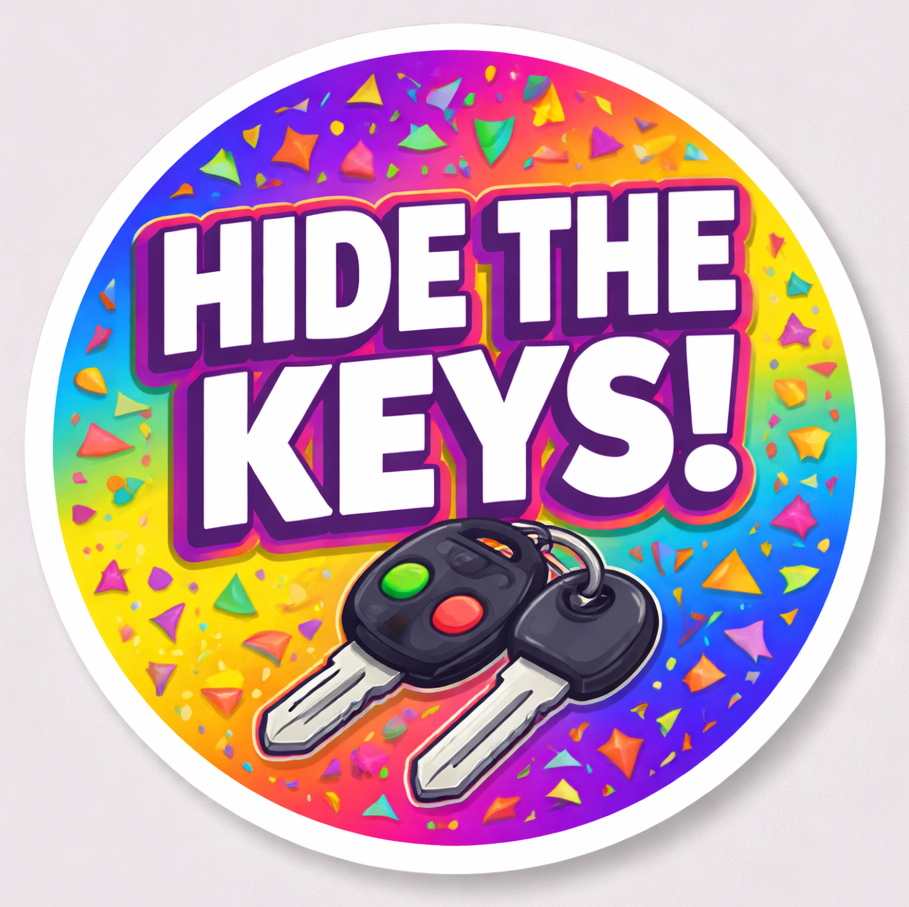 Colorful sticker with text 'HIDE THE KEYS!' and car keys illustration on a festive background.