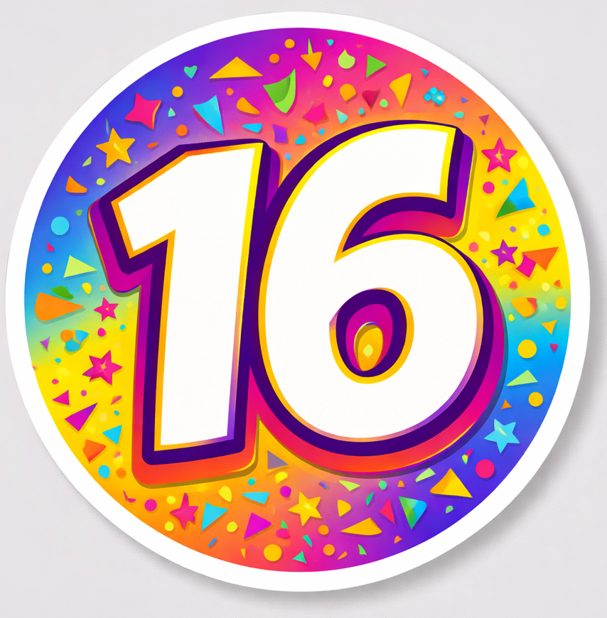Sweet Sixteen -5 Pieces colorful photo booth props featuring a vibrant '16' design for celebrating special moments.