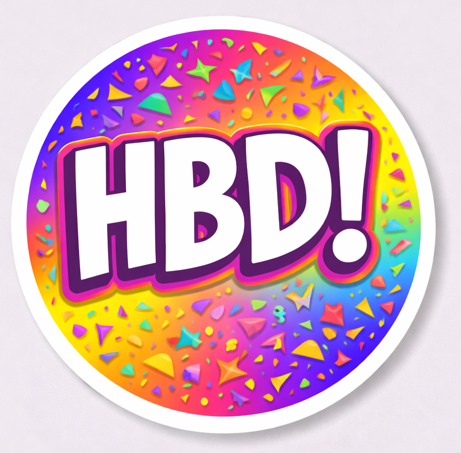 Colorful HBD sticker with festive confetti design, perfect for celebrations like Sweet Sixteen -5 Pieces Photo Booth props.