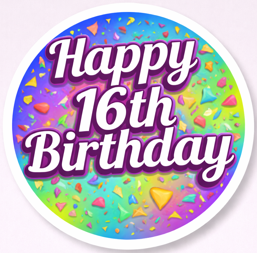 Sweet Sixteen -5 Pieces Photo Booth props with colorful Happy 16th Birthday design on a vibrant background.