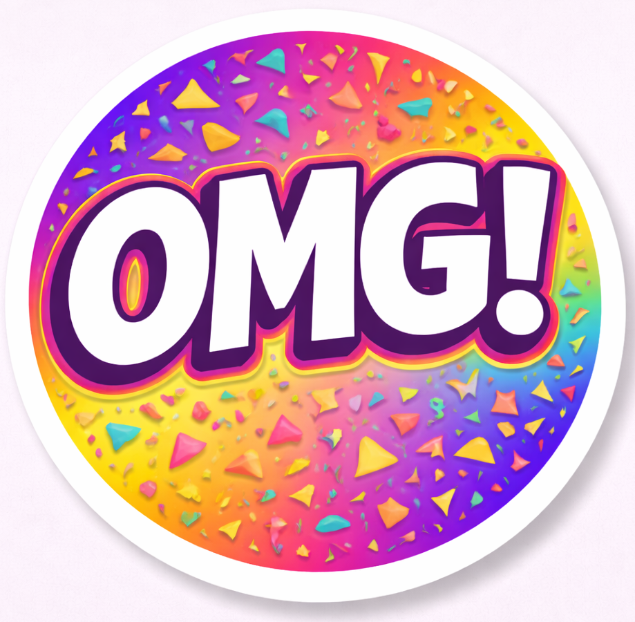 Colorful OMG! sticker with confetti design, perfect for Sweet Sixteen -5 Pieces photo booth props.