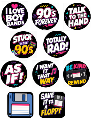 A set of retro Photo booth props 90s-themed party prop designs on a plain white background. The stickers feature bold text like 'I Love Boy Bands,' '90's Forever,' 'Talk to the Hand,' 'Stuck in the 90's,' 'Totally Rad!,' 'As If!,' 'I Want It That Way,' 'Be Kind Rewind,' and 'Save It to a Floppy,' with colorful retro graphics including floppy disks, cassette tapes, and neon-style lettering.