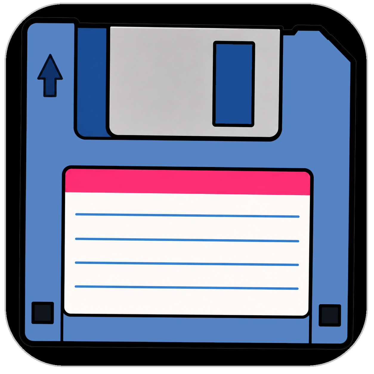 A stylized blue floppy disk icon with a gray label area, pink header on the paper window, blue arrow, and black border on a white background.