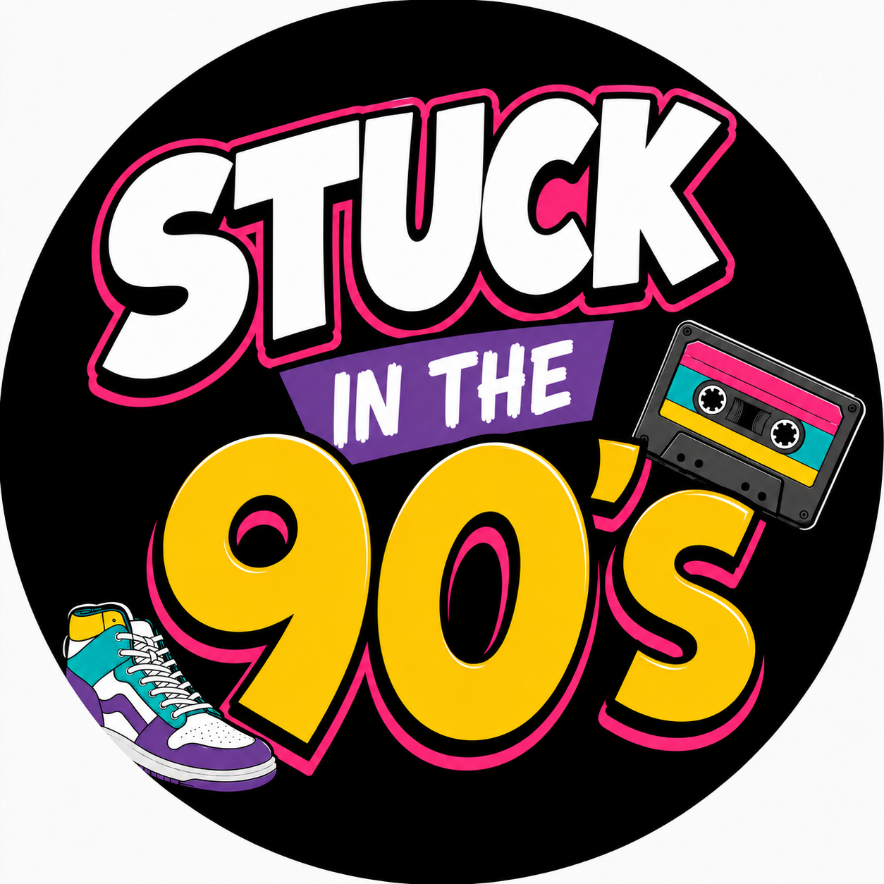 A circular graphic design with the text 'STUCK IN THE 90's' in bold retro lettering, featuring a purple sneaker, cassette tape, and cassette tape illustration on a black background.
