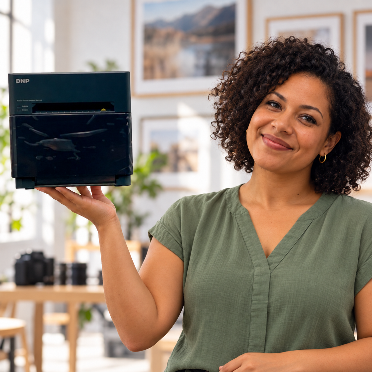 Woman holding a compact DNP QW410 photo printer in a photography studio, demonstrating its portable size.