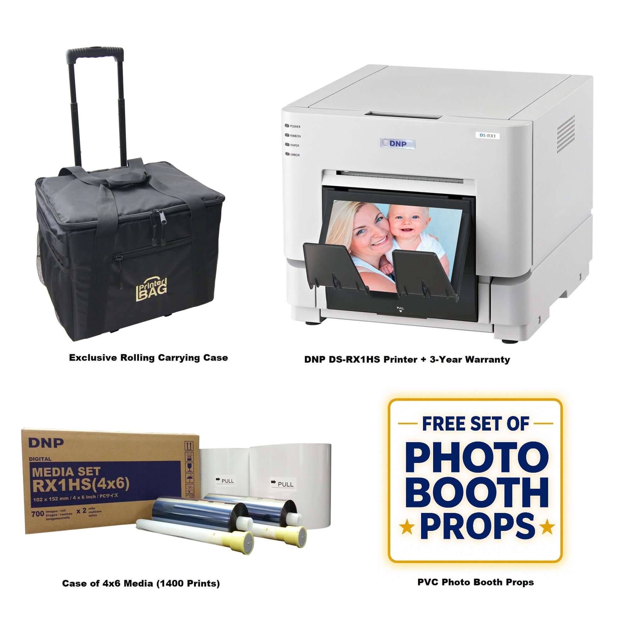 DNP RX1HS Printer Bundle with carrying case, media and photo booth props
