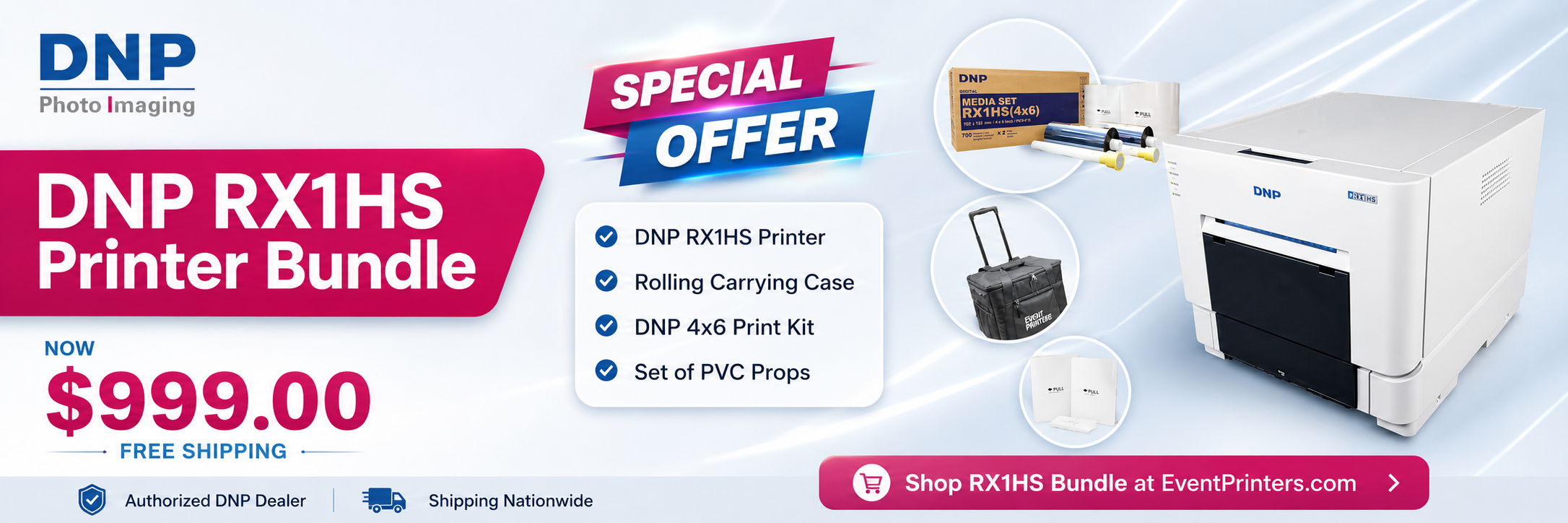 DNP DS-RX1HS Photo Booth Printer with 4x6 media and carrying case