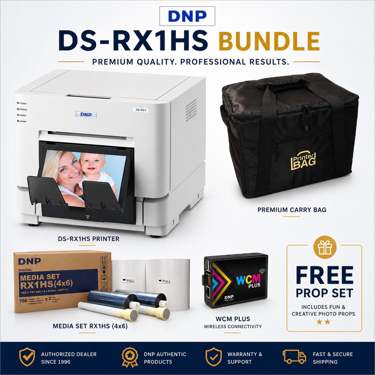DNP DS-RX1HS Photo Printer Bundle – WCM Plus + 4×6 Media (1400 Prints) + Props + Carrying Case