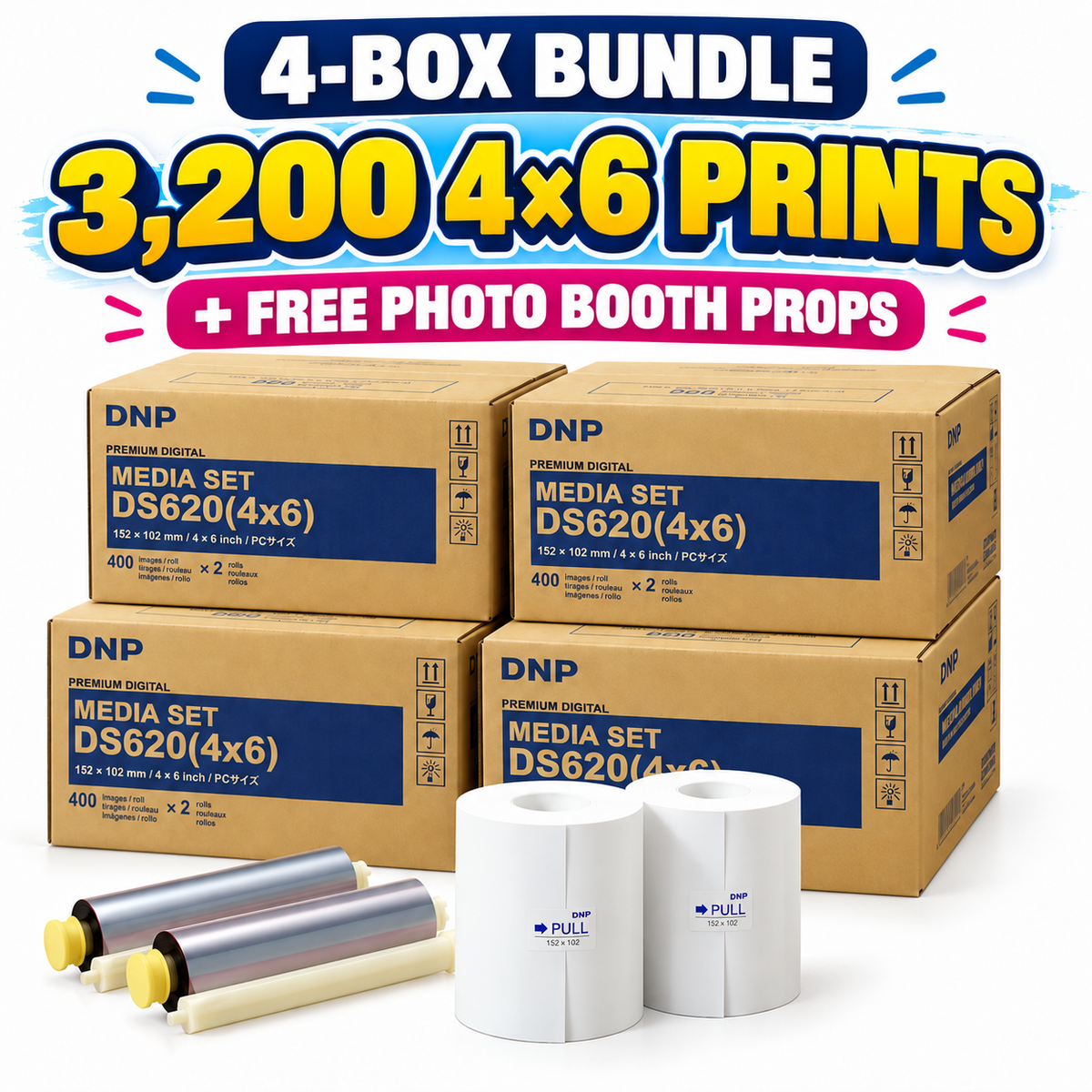 DNP ds620A 4x6 media paper and ribbon print kit bundle with photo booth props