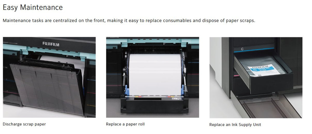 Fujifilm Frontier DX400W front-access paper loading and ink replacement