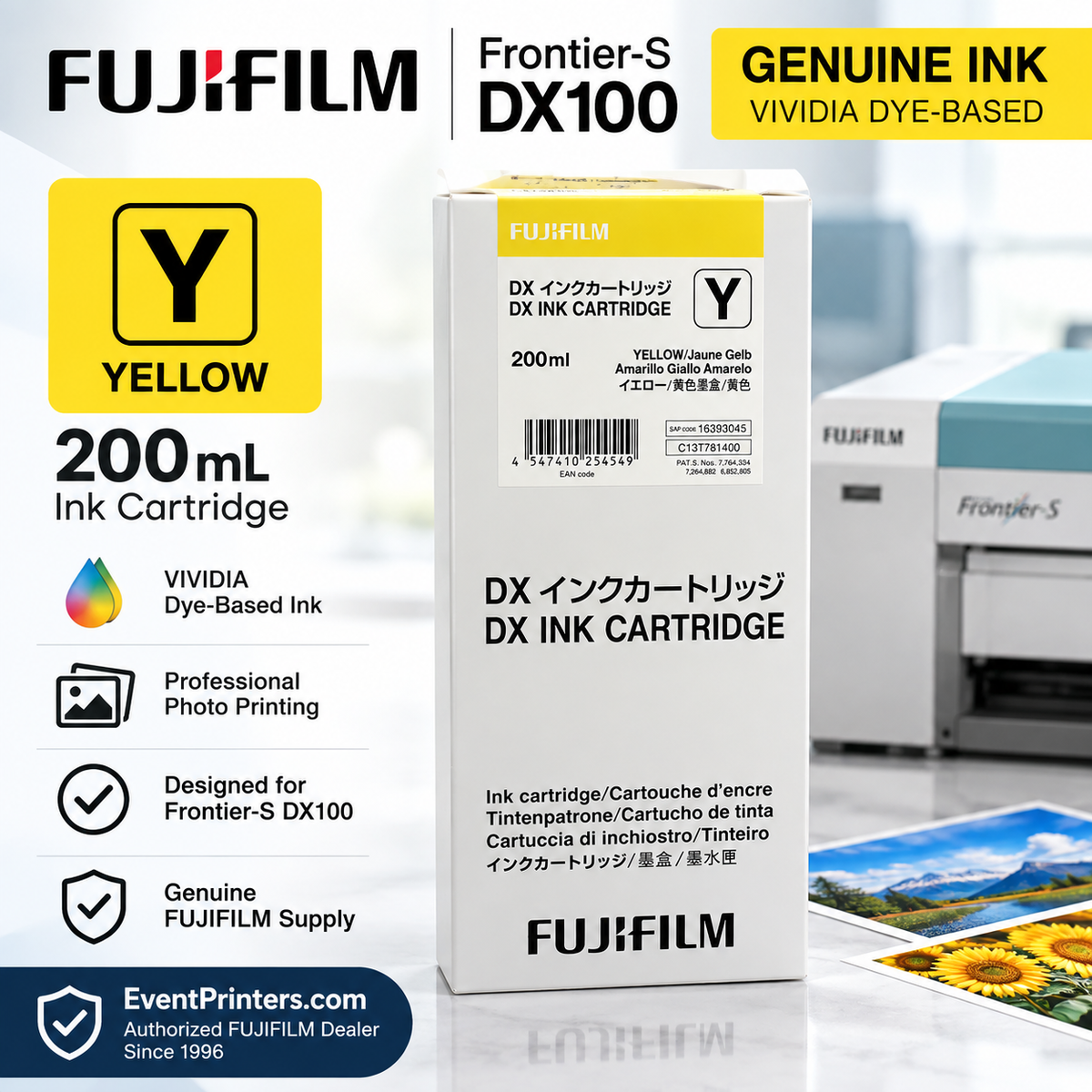 FUJIFILM VIVIDIA Yellow Ink Cartridge 200 mL for Frontier-S DX100 professional photo printer
