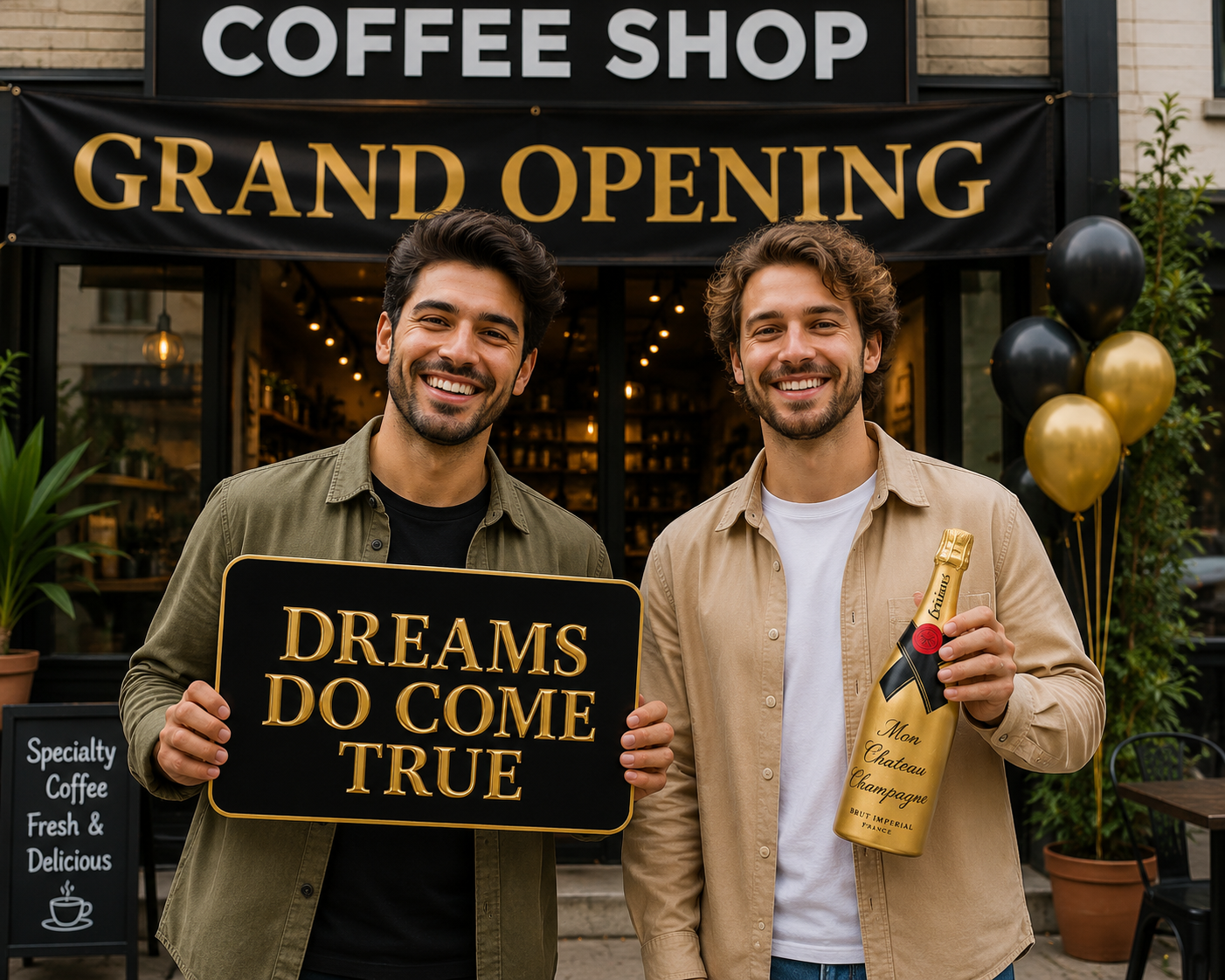 Grand Opening Oversized Set -5 Pieces with smiling men holding sign and champagne in front of coffee shop.