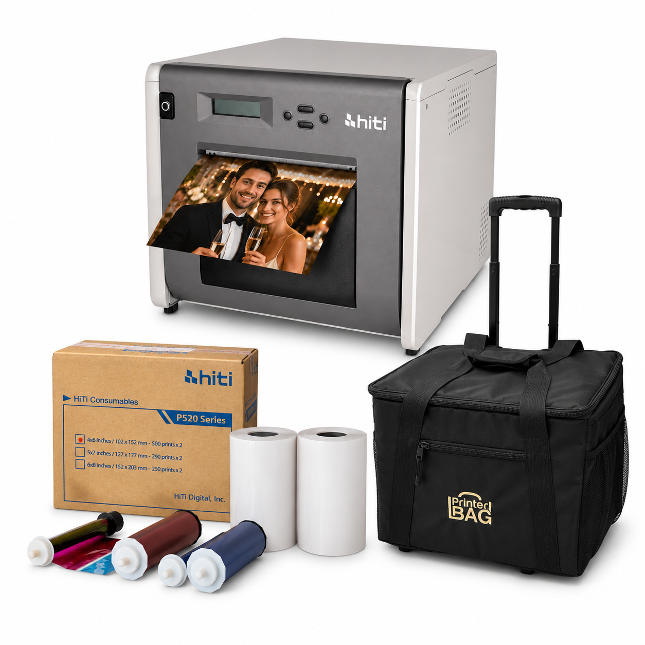 HiTi P525L Printer Bundle – Printer + 4×6 Media + Rolling Case + 3-Year Warranty