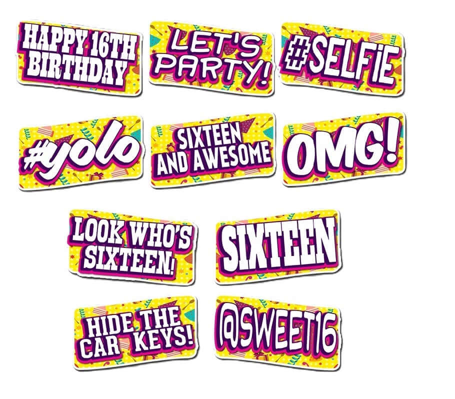 Colorful photo booth props from Sweet Sixteen Too including fun phrases to celebrate a 16th birthday.
