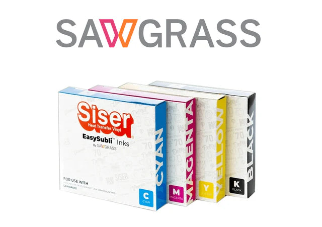 Four boxes of Siser EasySubli Inks with Sawgrass branding on a white background
