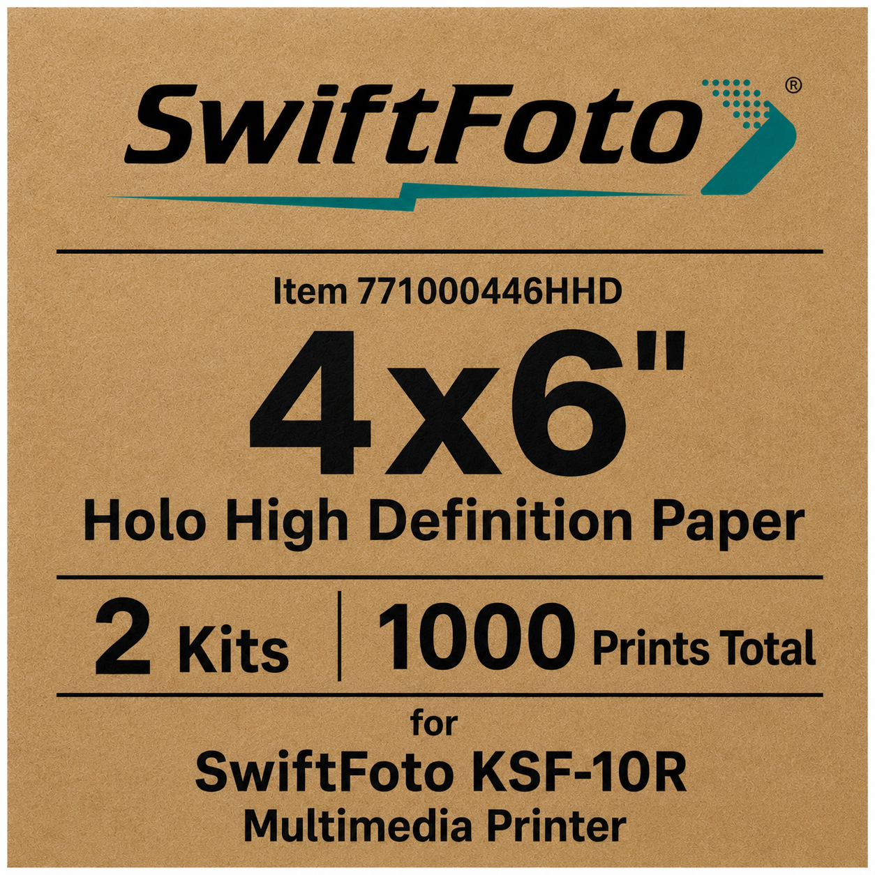 SwiftFoto 4x6 ksf 10R Holo High Definition Paper packaging on brown cardboard