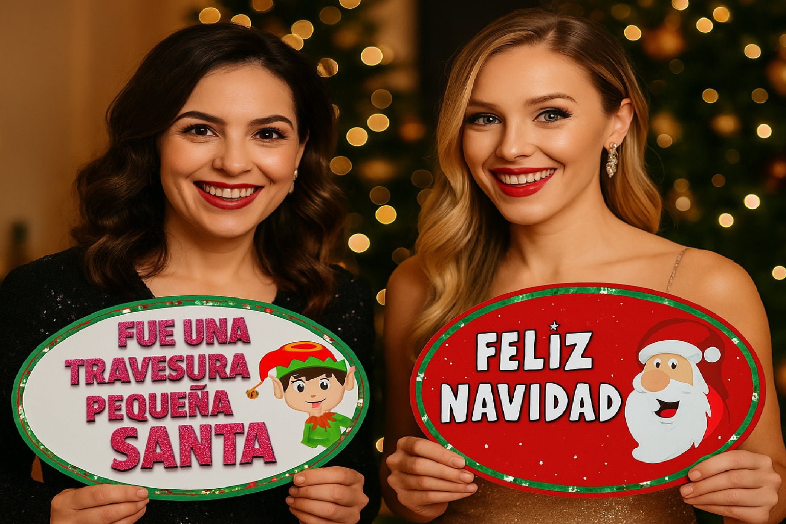 NAVIDAD - BIG 5 piece Christmas set- Photo Booth Sign Props .- Double Sided