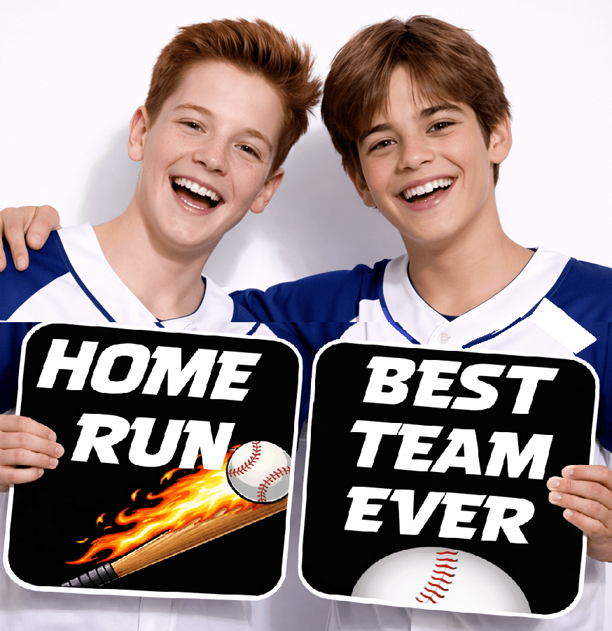 Two boys holding baseball photo booth props saying 'Home Run' and 'Best Team Ever', featuring vibrant designs.