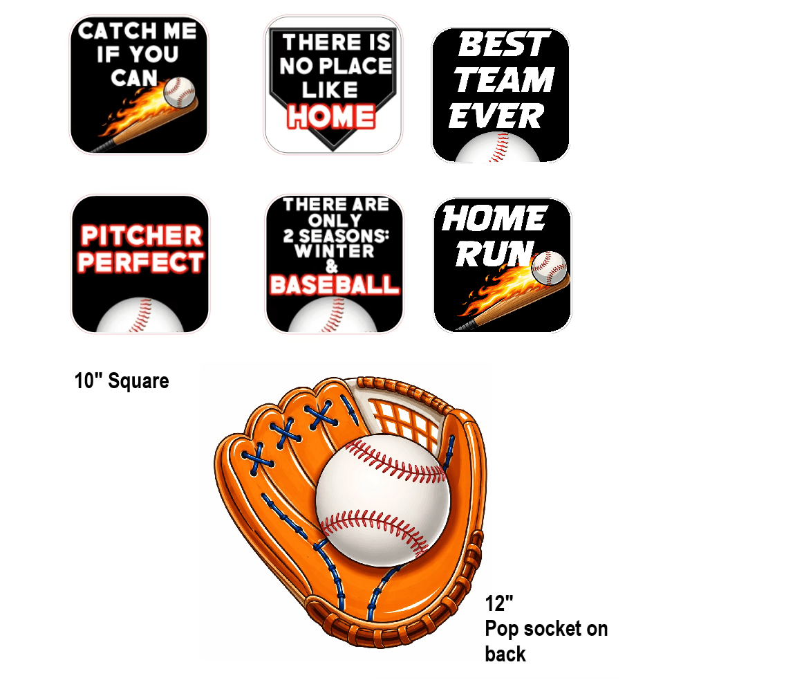 Colorful Baseball Prop Set including 10" square photo booth props and a 12" glove with pop socket.