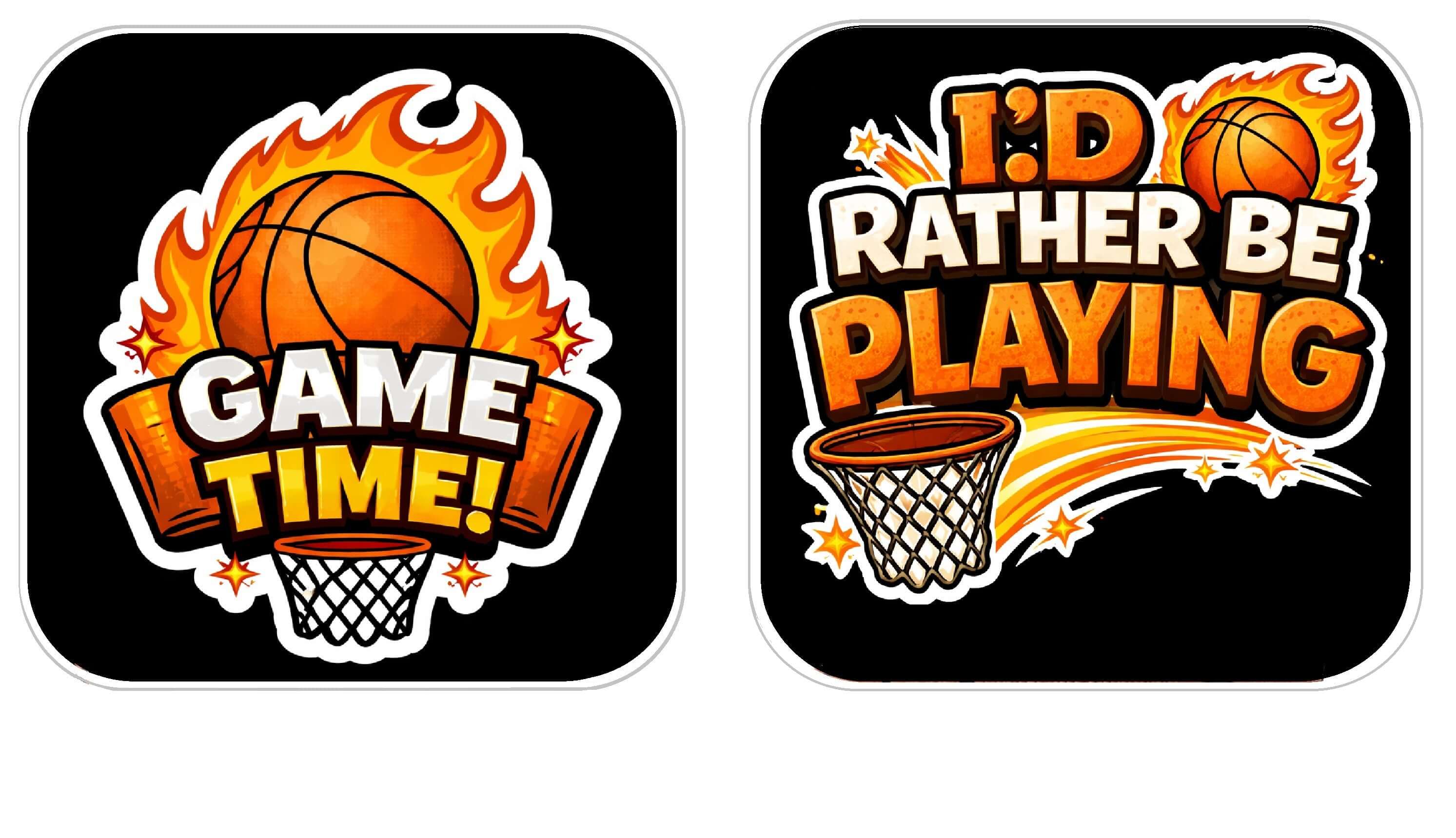 Basketball Prop Set photo booth props featuring colorful "Game Time!" and "I'd Rather Be Playing" designs.