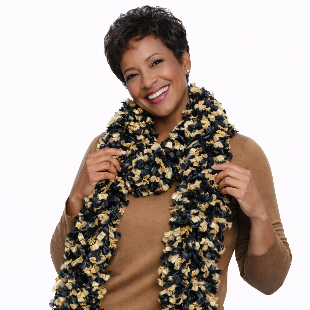 Gold and black featherless boa for photo booths, casino nights and parties