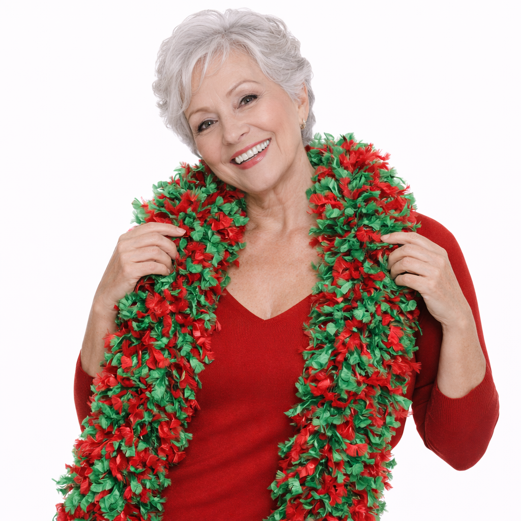 Green and red featherless boa for Christmas photo booths and holiday parties