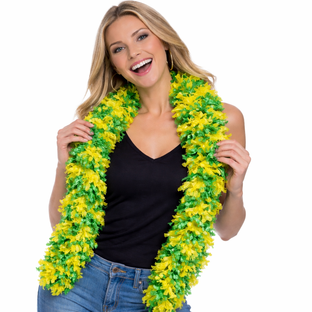 Green and yellow featherless boa for photo booths, school events and sports parties