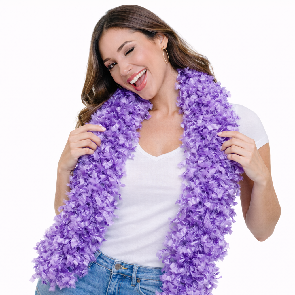 Purple featherless boa for photo booths, Mardi Gras and Sweet 16 parties