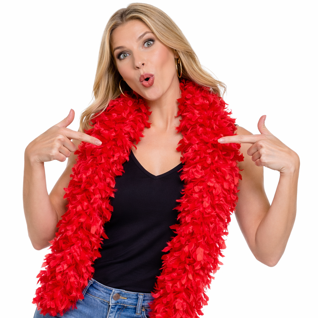 Red featherless boa for photo booths, weddings, parties and holiday events