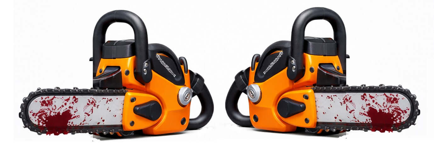 Chainsaw! photo booth props featuring a two-sided design with realistic details and vibrant colors.