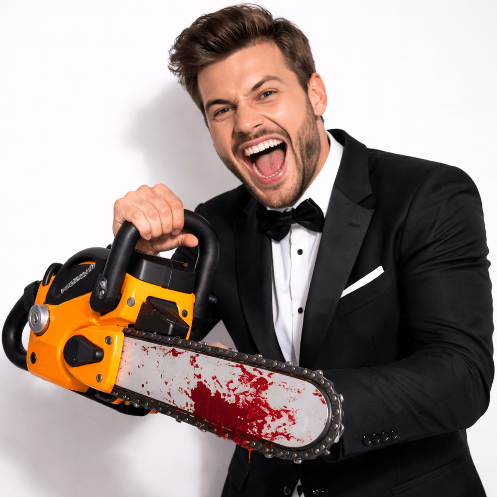 Excited man in tuxedo holding a chainsaw! for photo booth props with a fun and dramatic flair.