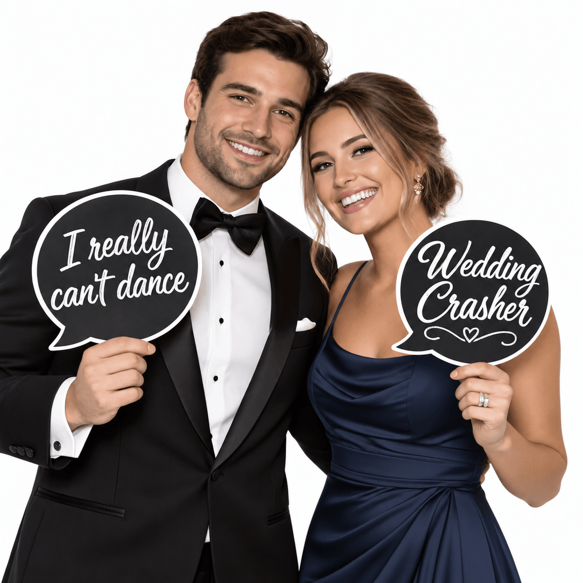 Chalk-Style Wedding Photo Booth Props – 5 Double-Sided PVC Signs, 10 Designs, couple holding fun signs.