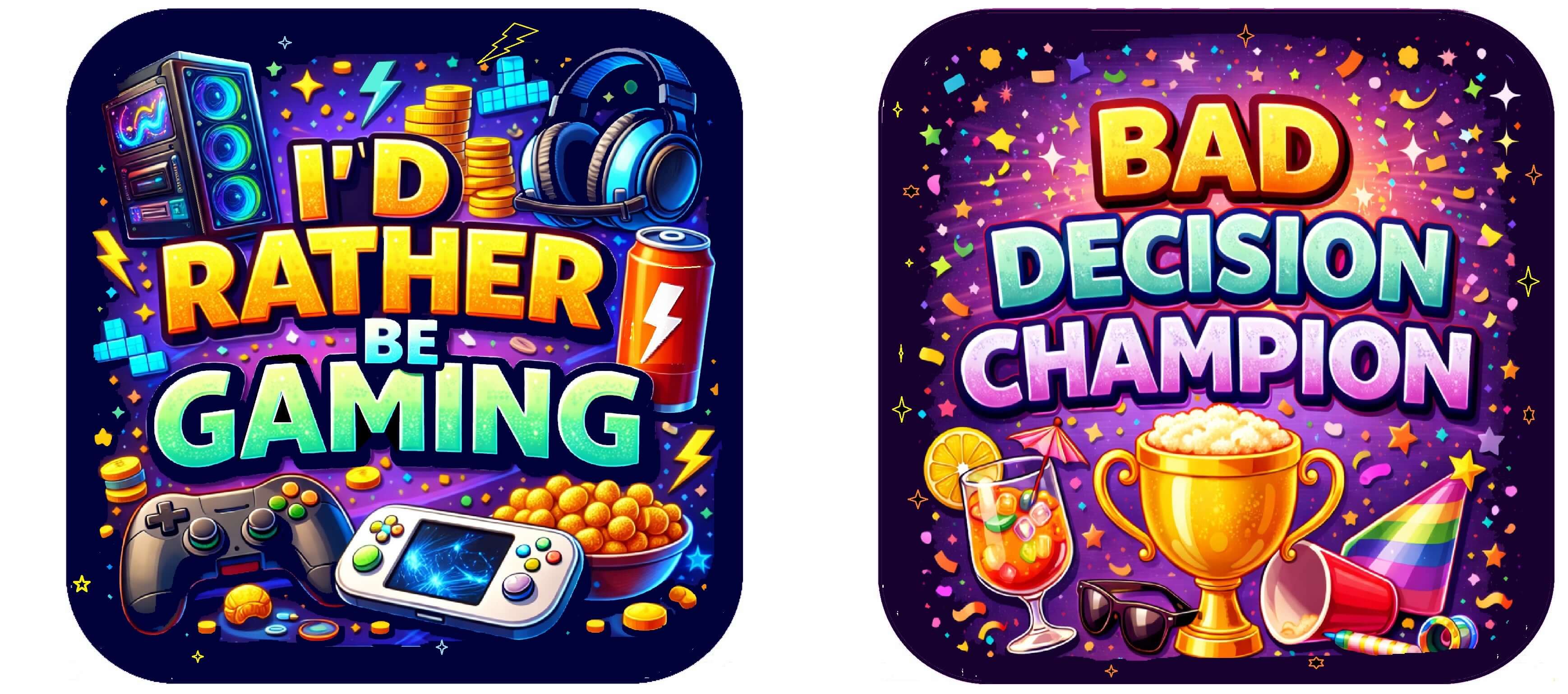 Ultimate Party Set photo booth props featuring colorful sayings like "I'd Rather Be Gaming" and "Bad Decision Champion".