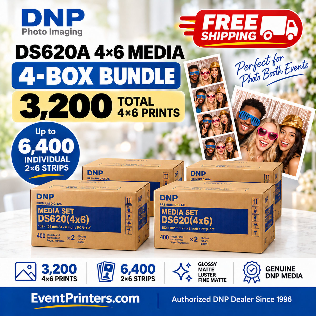 DNP DS620A 4x6 media 4-box bundle discount with 3,200 prints, up to 6,400 2x6 photo booth strips and free shipping from EventPrinters.com
