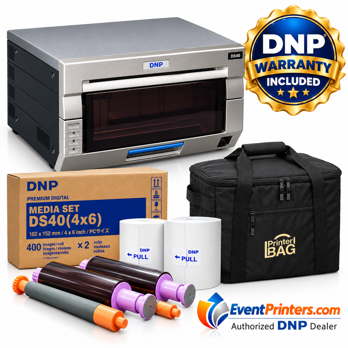 DNP DS40 printer refurbished by DNP with 90-day manufacturer warranty, 800 4x6 prints and PrinterBAG carrying case. Authorized DNP dealer.