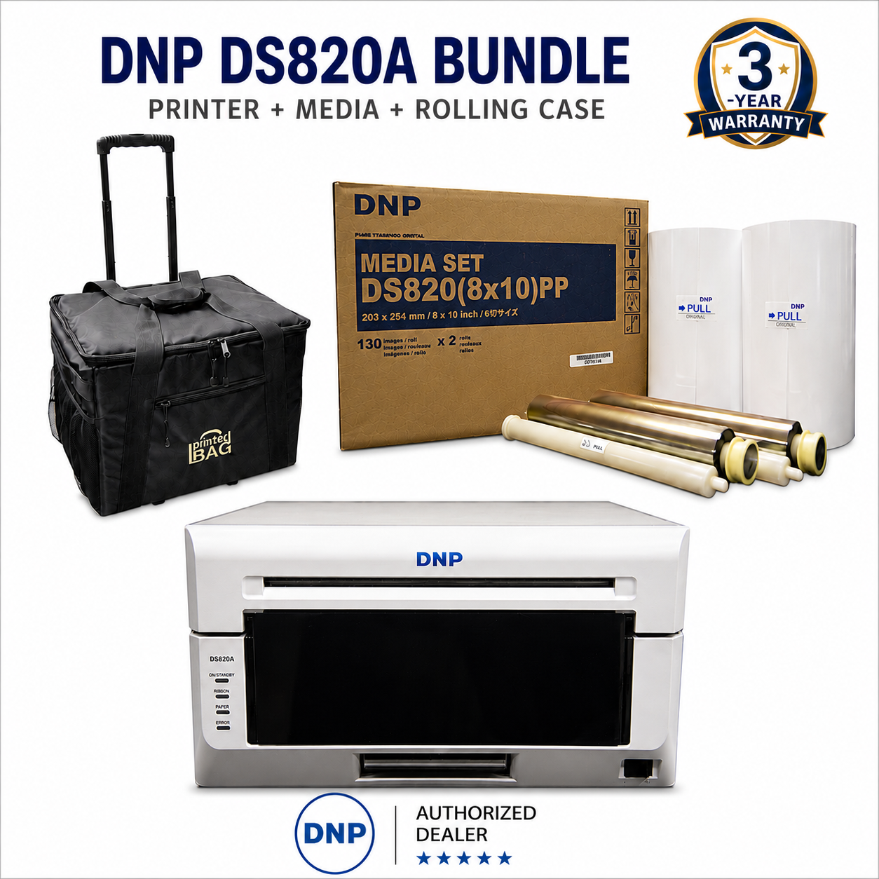 DNP DS820A 8" Professional Photo Dye Sublimation Printer - Bundle Deal With Media (260 Prints) and Rolling Carrying Case