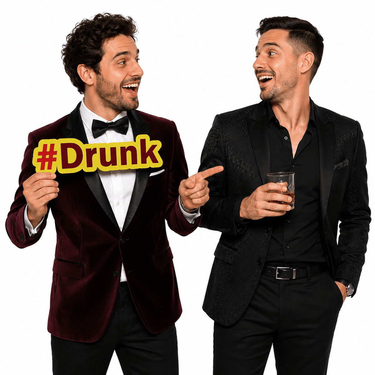 Two men in formal wear holding a #Drunk PVC Photo Booth Prop, smiling and enjoying a lively party atmosphere.