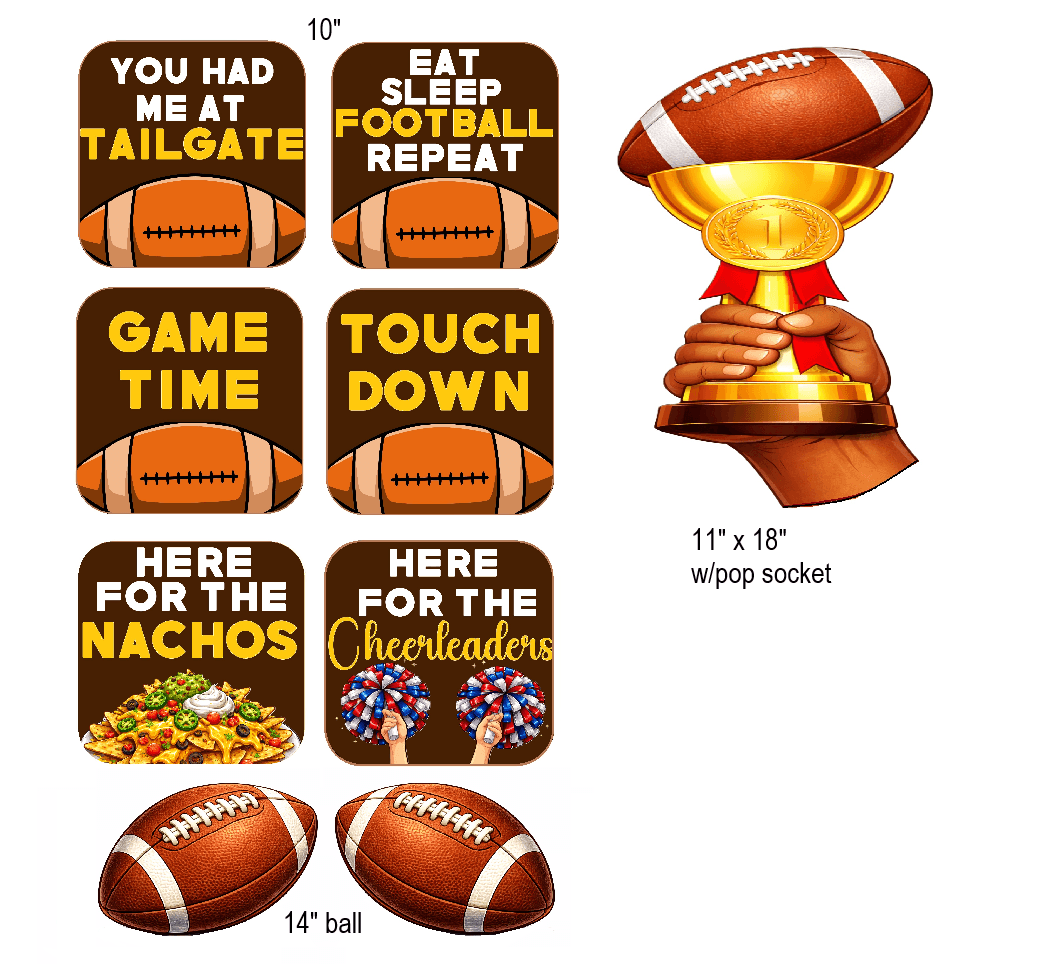 Football Prop Set featuring colorful photo booth props including footballs and trophy for perfect party fun.
