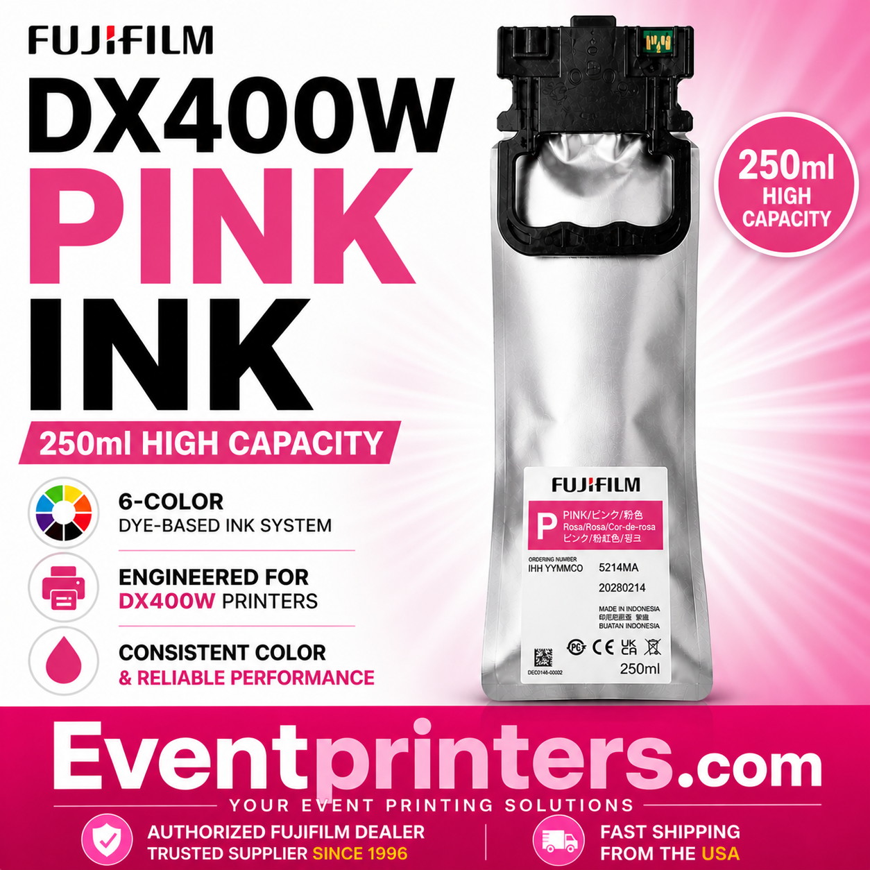 Fujifilm DX400W Ink Pouch (250ml) – Pink