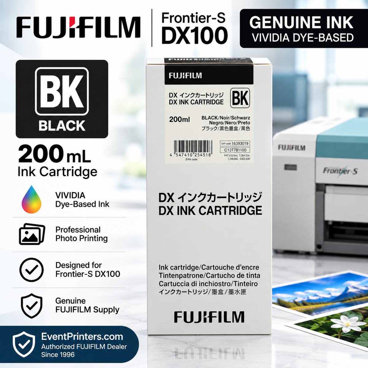 FUJIFILM VIVIDIA Black Ink Cartridge 200 mL for Frontier-S DX100 professional photo printer