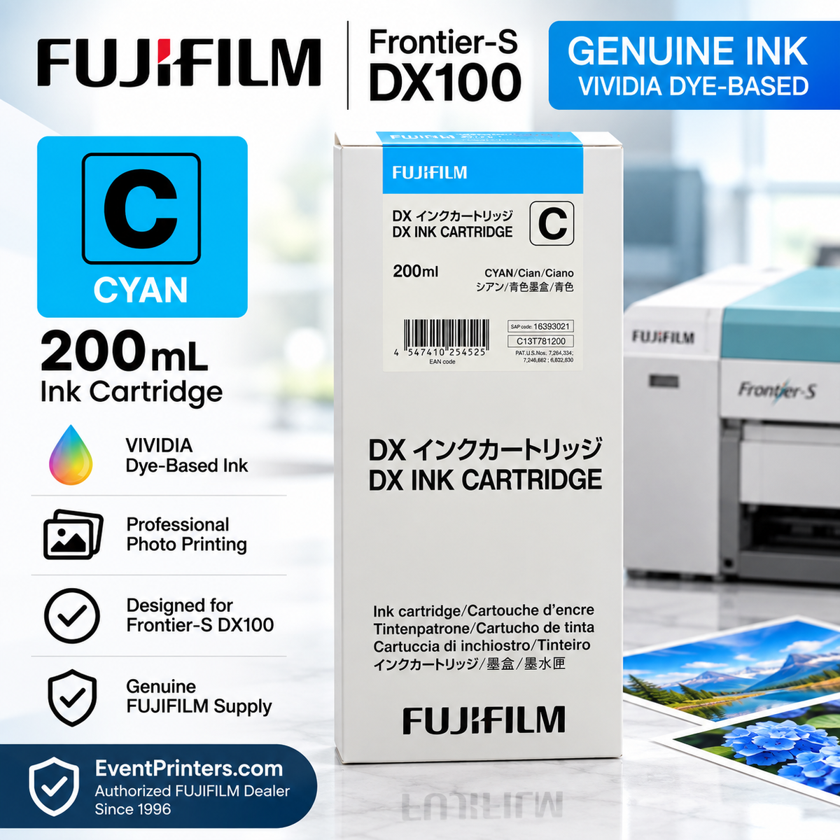FUJIFILM VIVIDIA Cyan Ink Cartridge 200 mL for Frontier-S DX100 professional photo printer