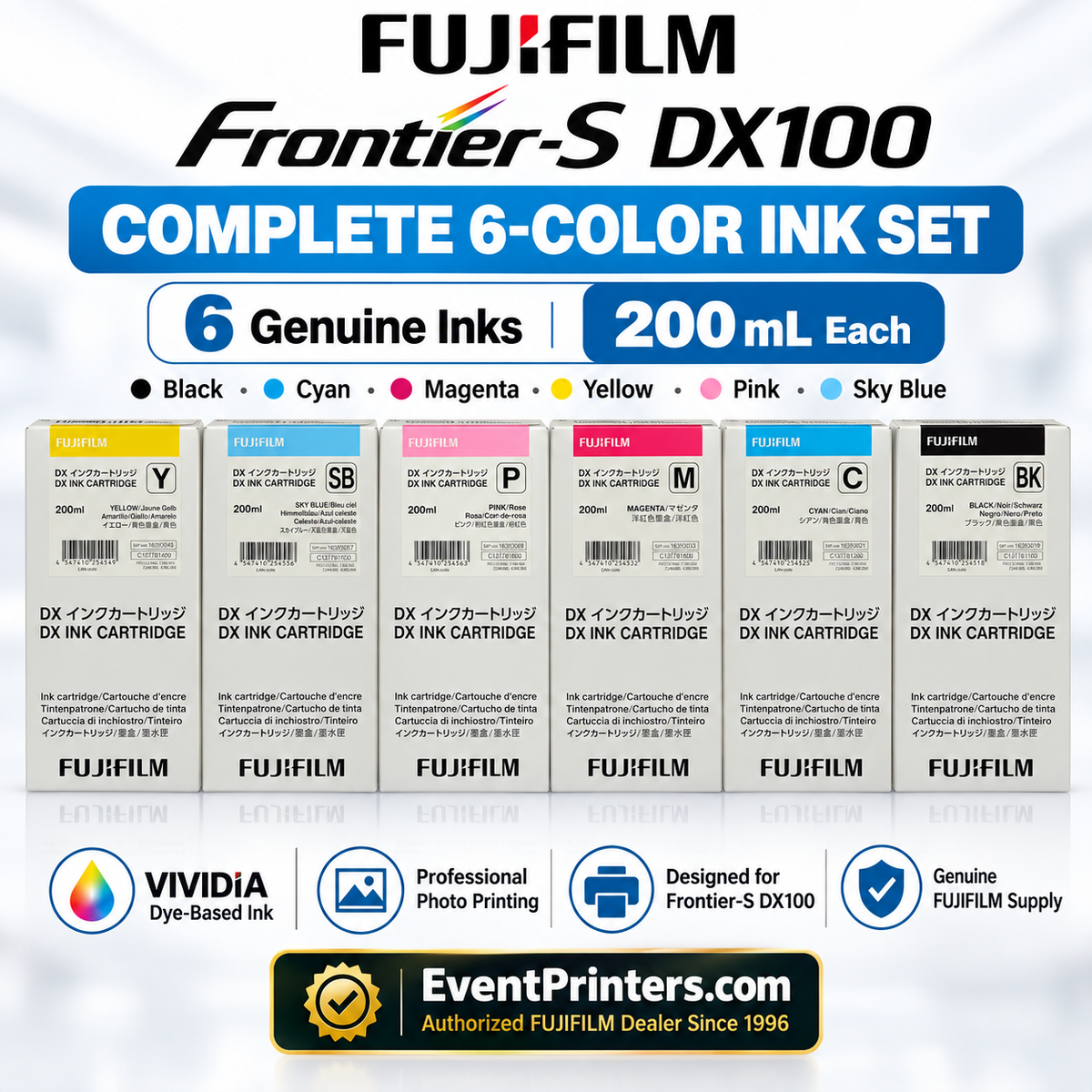 FUJIFILM Frontier-S DX100 complete 6-color VIVIDIA ink set with six 200 mL cartridges: Black, Cyan, Magenta, Yellow, Pink, and Sky Blue