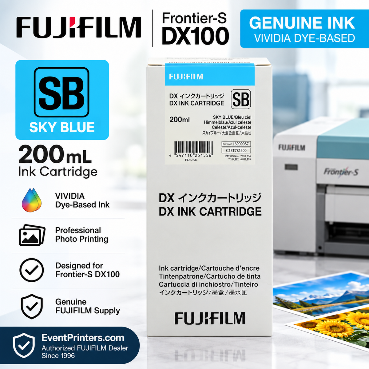 FUJIFILM VIVIDIA Sky Blue Ink Cartridge 200 mL for Frontier-S DX100 professional photo printer
