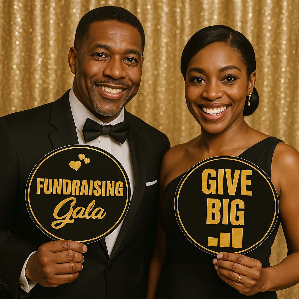 Smiling couple holding black and gold fundraising photo booth props at gala, featuring 'Fundraising Gala' and 'Give Big' signs.