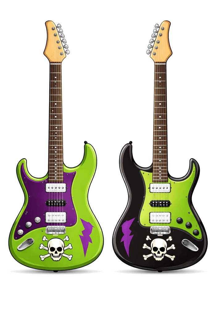 NEW Photo Booth props of Bigger Musical Instruments- Band collection featuring colorful guitars with skull designs.