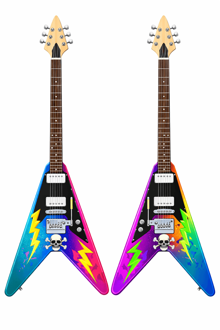 Photo Booth props - NEW Bigger Musical Instruments- Band collection - Colorful electric guitars with skull and lightning designs.