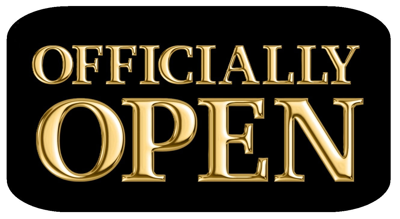 Grand Opening Oversized Set -5 Pieces photo booth props officially open sign in gold lettering on black background.