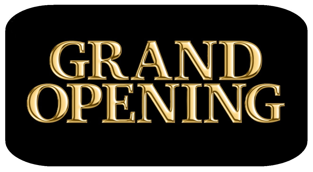 Grand Opening Oversized Set -5 Pieces display sign with elegant gold lettering on a black background.